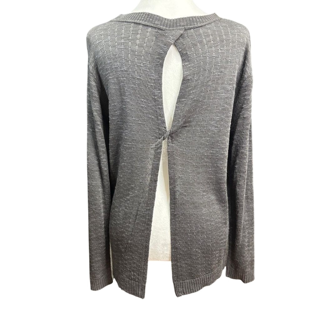 Open Back Twist Sweater Gray Pointelle Knit Casual Lightweight Layering Office M